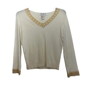 Vintage | Joseph A. Cream Colored White Sweater Top with Lace Trim
